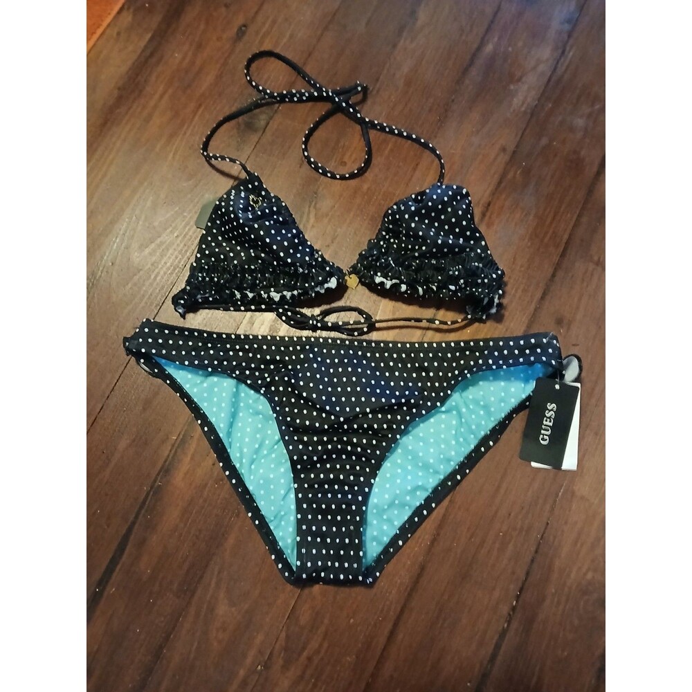 Guess Black & White Polka Dot Bikini with Light Blue Lining